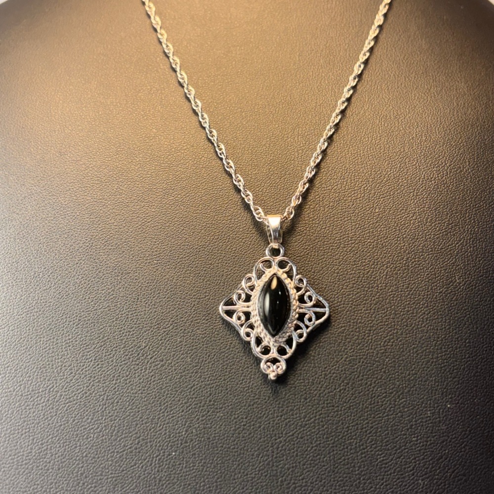 Vintage Necklace Black Stone Silver Filigree Marquise Pendant Goth Whimsygoth